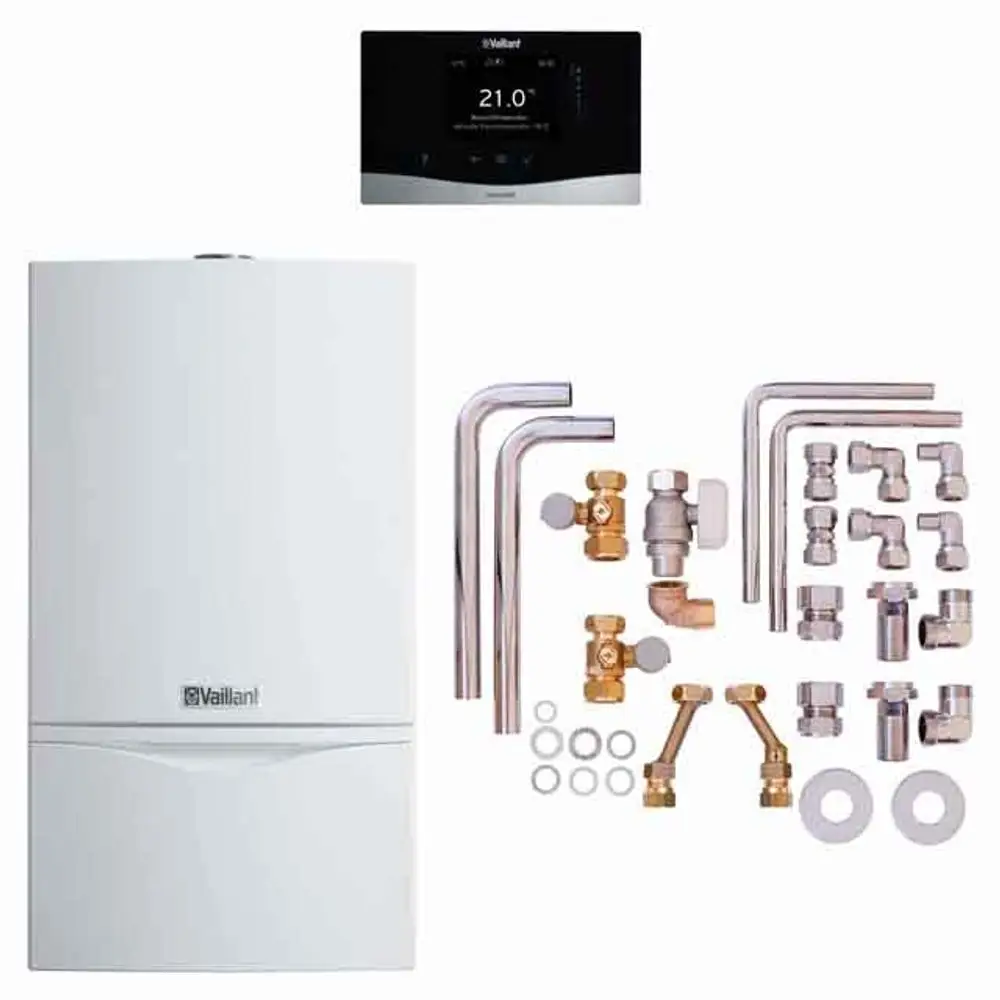 Vaillant Heizgerät in Weiß, kombiniert mit Zubehörteilen wie Rohrleitungen, Ventilen und einer digitalen Steuerungseinheit. Teile sind übersichtlich angeordnet.